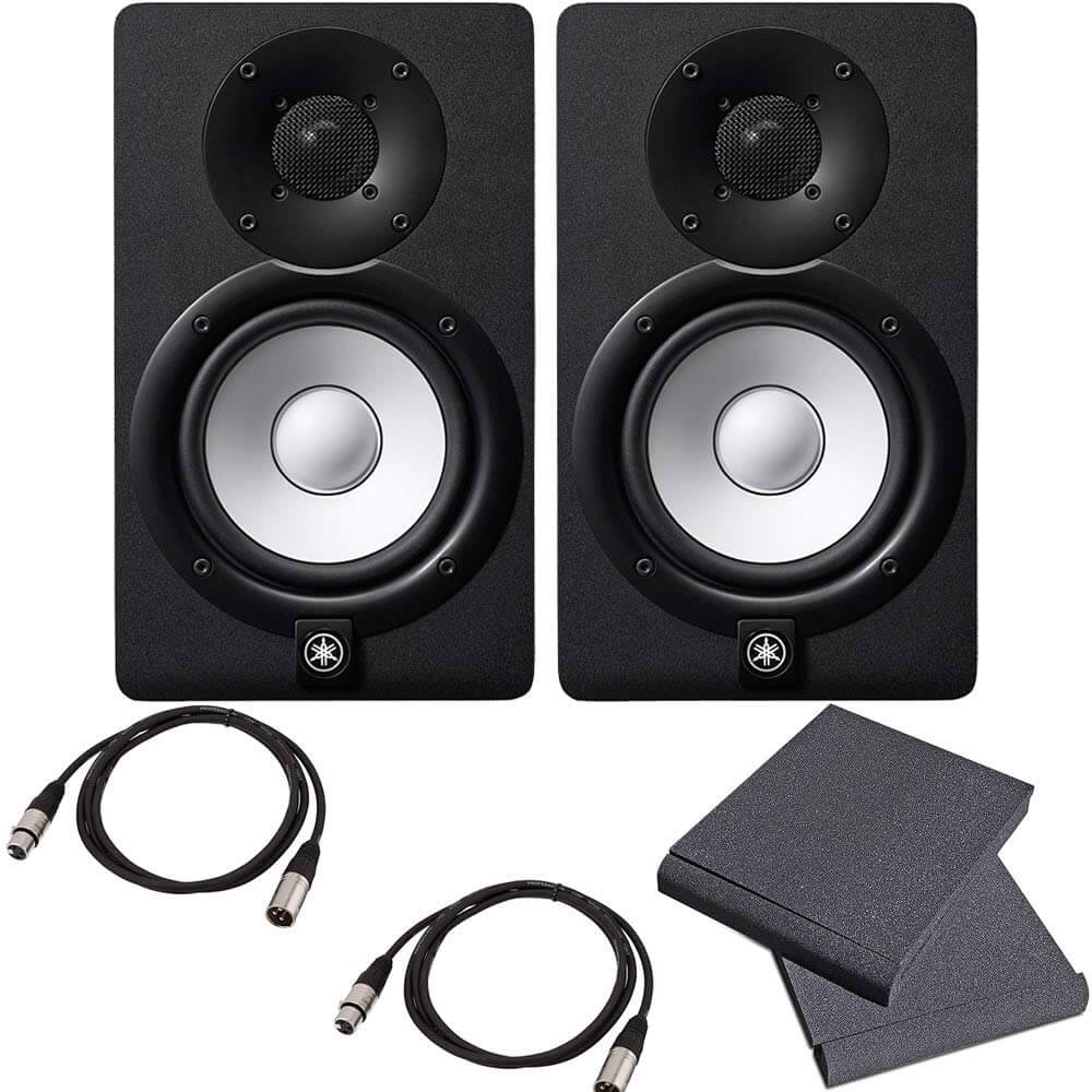 Yamaha HS5 5-Inch Powered Studio Monitor Speaker Black (Pair) with High Density Studio Monitor Isolation Pads (Pair) and 2 x 20-Foot XLR Cables