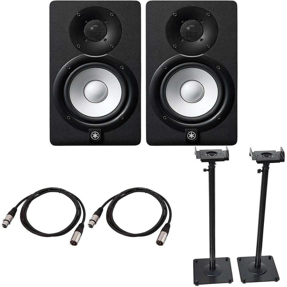 Yamaha HS5 Powered Studio Monitor Pair Black Bundled with a Pair of Height Adjustable Speaker Stands and 2 x 15-Ft XLR Cables
