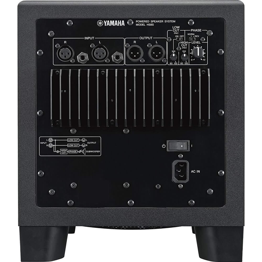Yamaha HS8S Powered Subwoofer Black bundled with Subwoofer Isolation Pad and 2 x 20-Foot XLR Cables