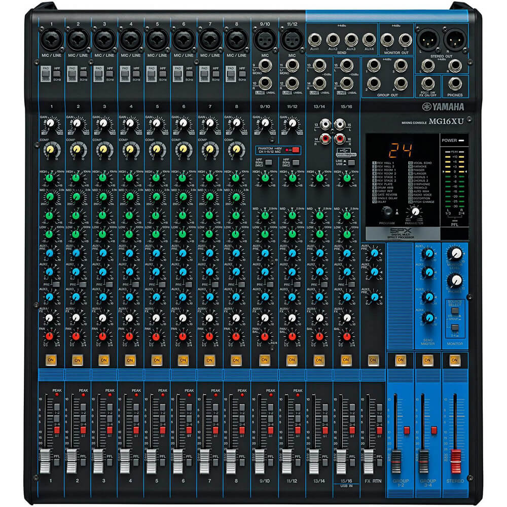Yamaha MG16XU 16-Channel Stereo Mixer With Effects Bundle with 6 x 15ft XLR Cables and Genesis Tech Polishing Cloth