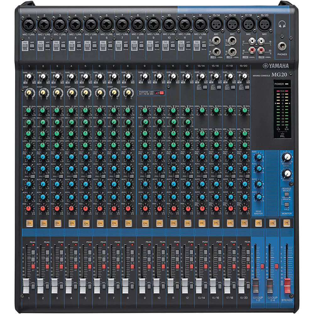 Yamaha MG20 20-Channel Stereo Mixer Bundle with 8 x 15ft XLR Cables and Genesis Tech Polishing Cloth