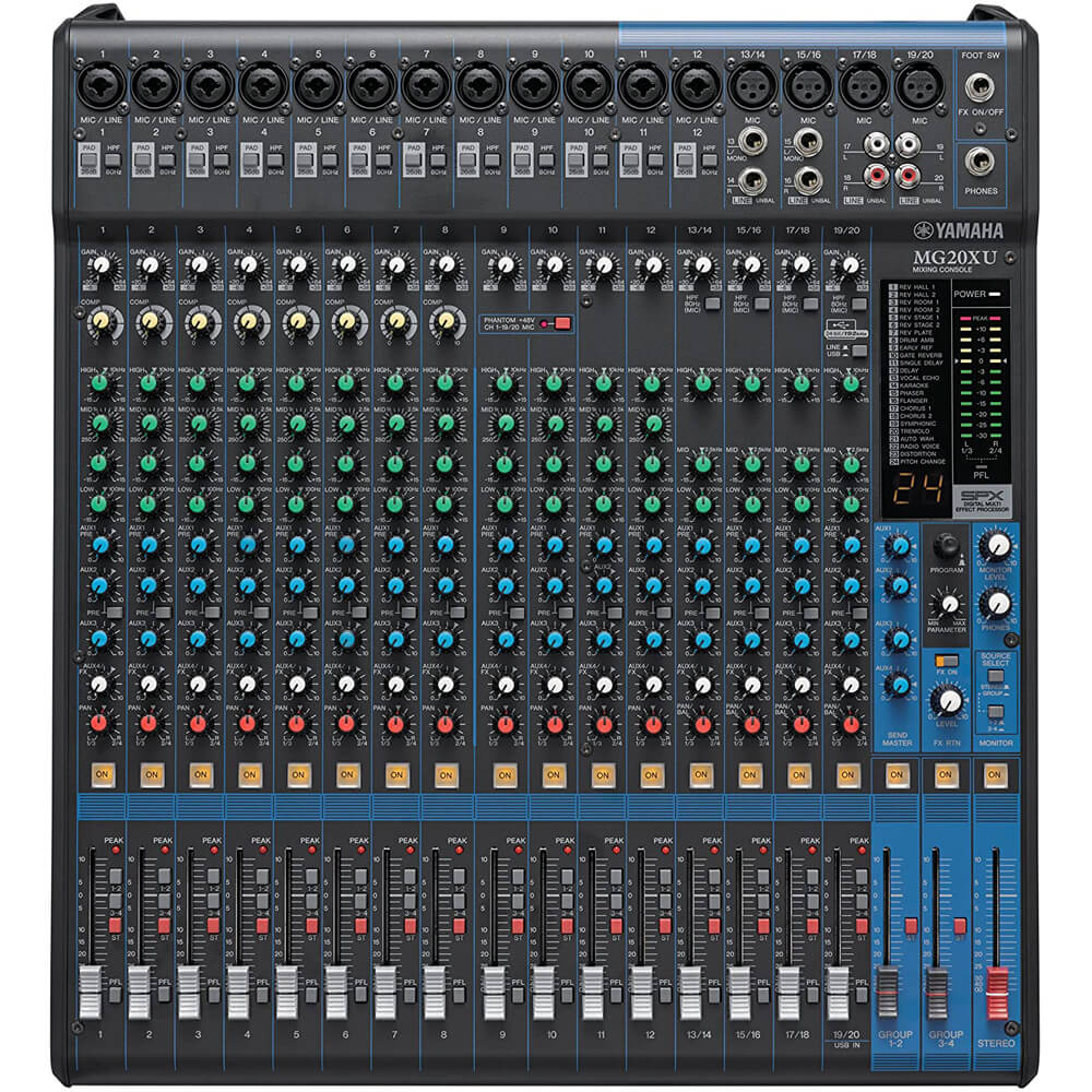 Yamaha MG20XU 20-Channel Stereo Mixer With Effects Bundle with 8 x 15ft XLR Cables and Genesis Tech Polishing Cloth