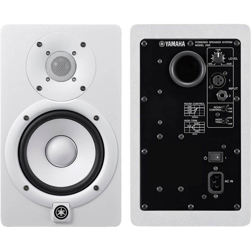 Yamaha HS5 W 5-Inch Powered Studio Monitor Speaker White (Pair) with High Density Studio Monitor Isolation Pads (Pair) and 2 x 20-Foot XLR Cables