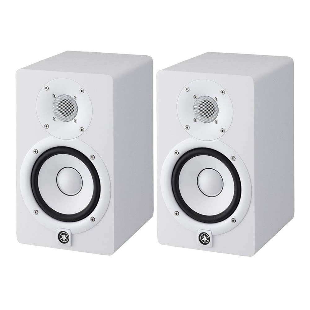 Yamaha HS5 Powered Studio Monitor Pair White Bundled with a Pair of Height Adjustable Speaker Stands and 2 x 15-Ft XLR Cables