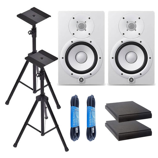 Yamaha HS7W 7-Inch Powered Studio Monitor Speaker White (Pair) with Height Adjustable Speaker Stands, Monitor Isolation Pads, and XLR Cables