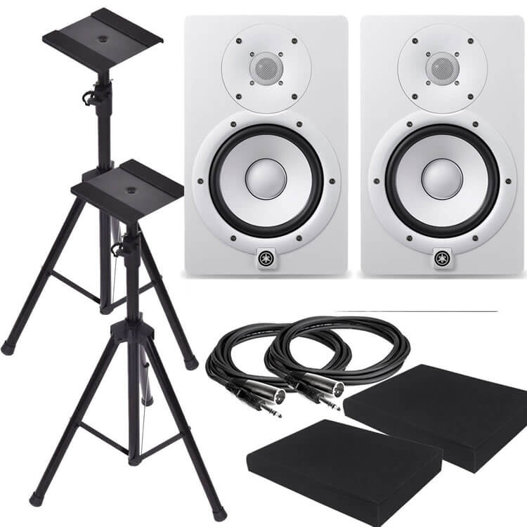 Yamaha HS8W 8-Inch Powered Studio Monitor Speaker White (Pair) with Height Adjustable Speaker Stands, Monitor Isolation Pads, and XLR Cables
