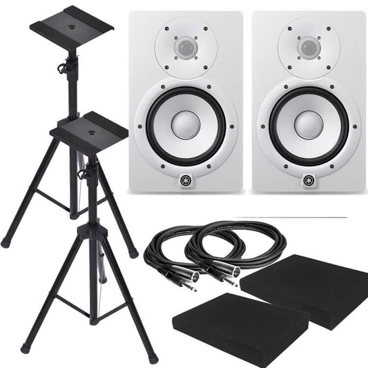 Yamaha HS8W 8-Inch Powered Studio Monitor Speaker White (Pair) with Height Adjustable Speaker Stands, Monitor Isolation Pads, and XLR Cables