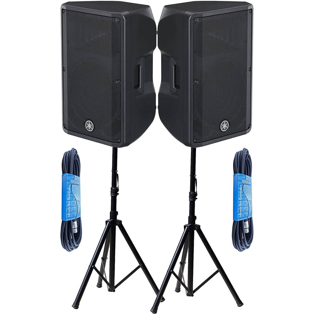 Yamaha DBR12 12-Inch 2-Way 1000-Watt Powered Speaker Pair Bundle with Pair of Height Adjustable Tripod Speaker Stands, and 2 x 15ft XLR Cables