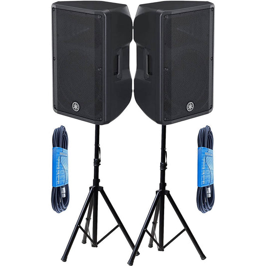 Yamaha DBR12 12-Inch 2-Way 1000-Watt Powered Speaker Pair Bundle with Pair of Height Adjustable Tripod Speaker Stands, and 2 x 15ft XLR Cables