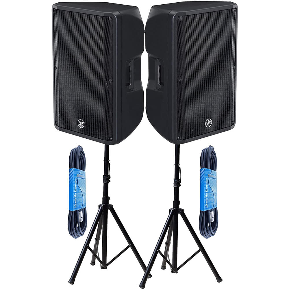 Yamaha DBR15 15-Inch 2-Way 1000-Watt Powered Speaker Pair Bundle with Pair of Height Adjustable Tripod Speaker Stands, and 2 x 15ft XLR Cables