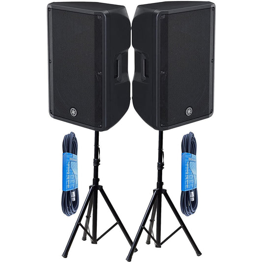 Yamaha DBR15 15-Inch 2-Way 1000-Watt Powered Speaker Pair Bundle with Pair of Height Adjustable Tripod Speaker Stands, and 2 x 15ft XLR Cables