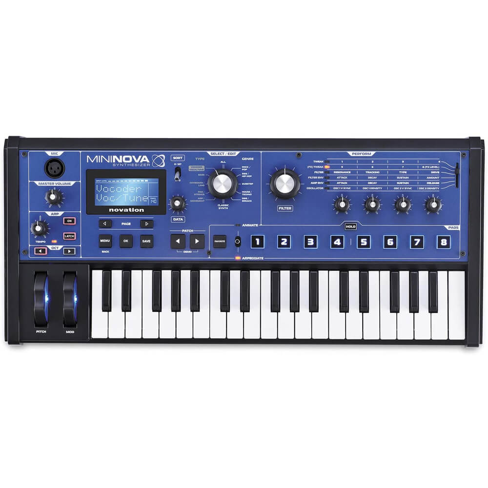 Novation MiniNova 37-Mini-Key Compact Synthesizer Bundle with 1 x USB Cable, 2 x 10Ft Instrument Cables, On-Ear Stereo Headphones, and Genesis Tech Polishing Cloth