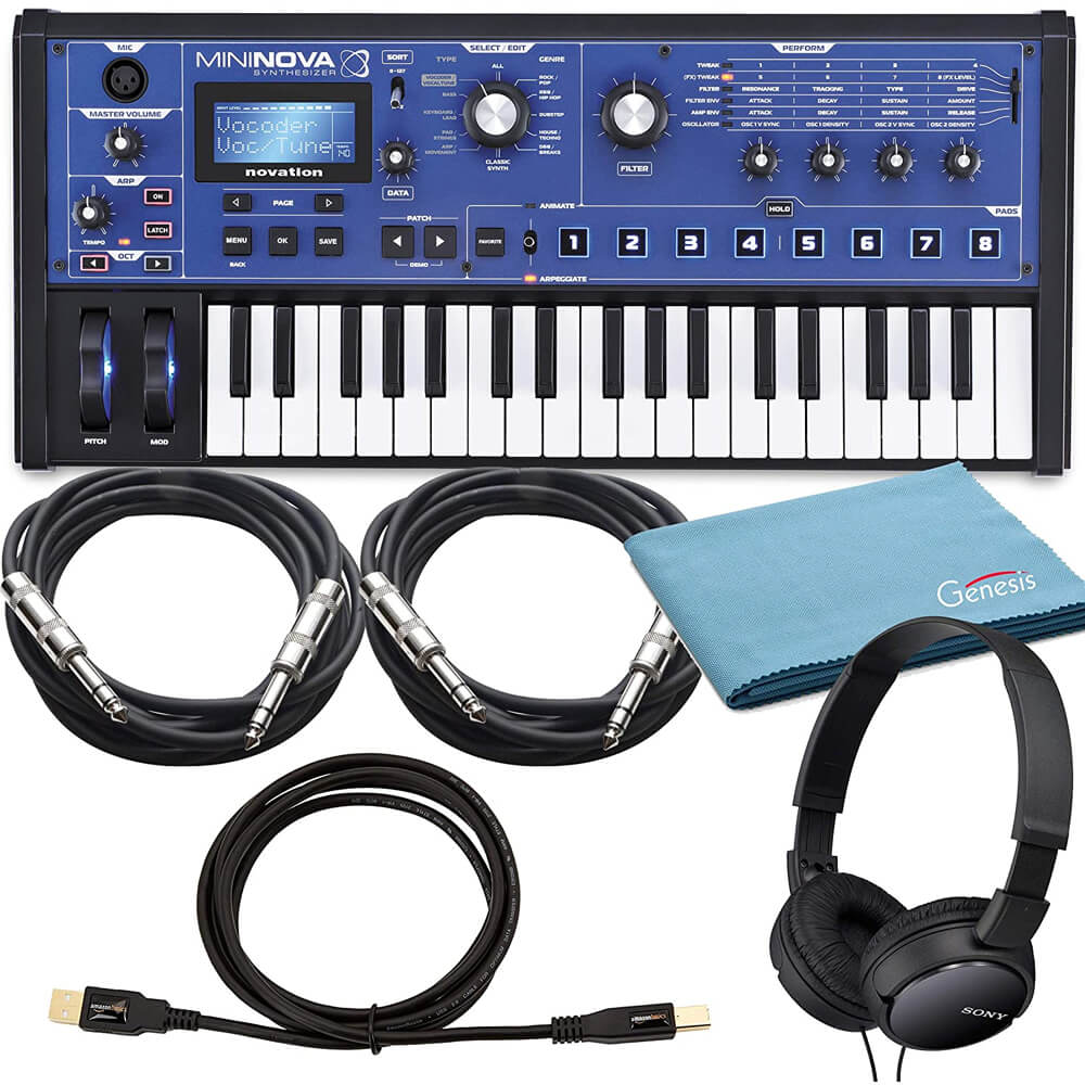 Novation MiniNova 37-Mini-Key Compact Synthesizer Bundle with 1 x USB Cable, 2 x 10Ft Instrument Cables, On-Ear Stereo Headphones, and Genesis Tech Polishing Cloth