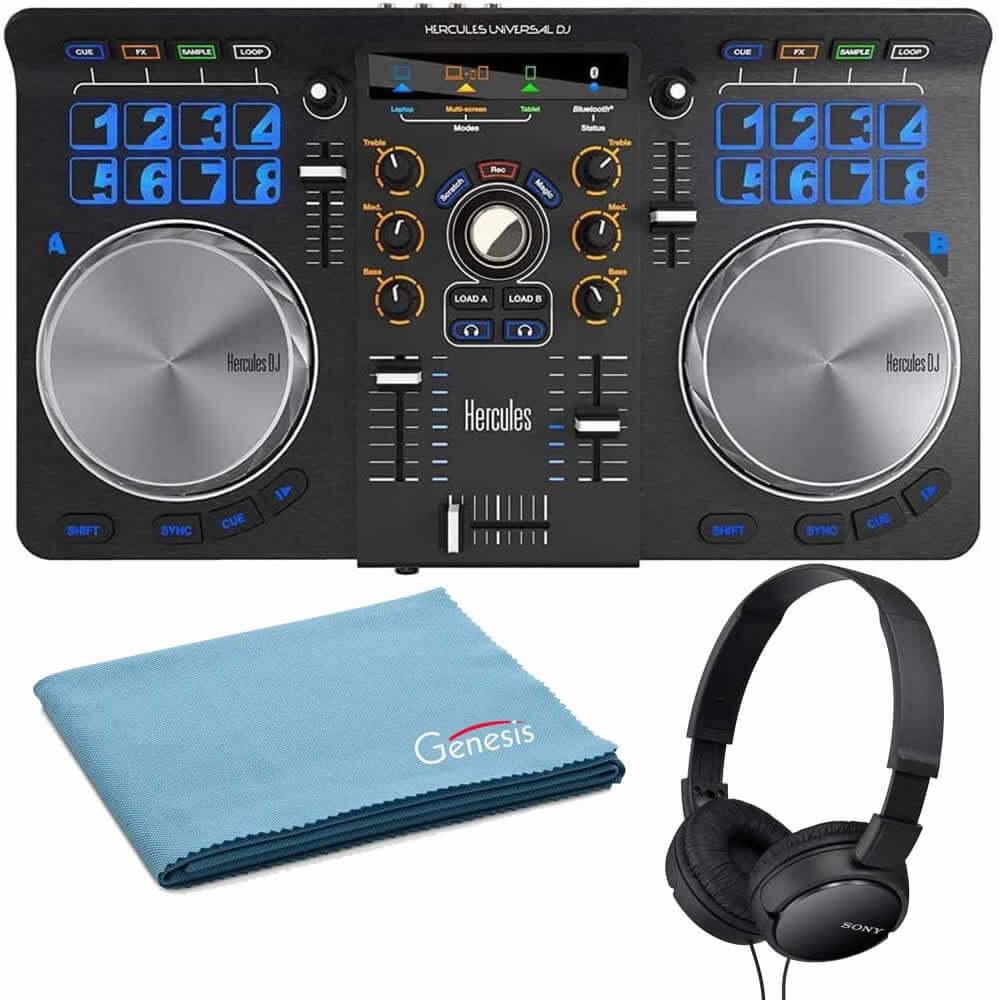 Hercules Universal DJ Bluetooth DJ Software Controller Bundle with On-Ear Stereo Headphones, and Genesis Tech Polishing Cloth