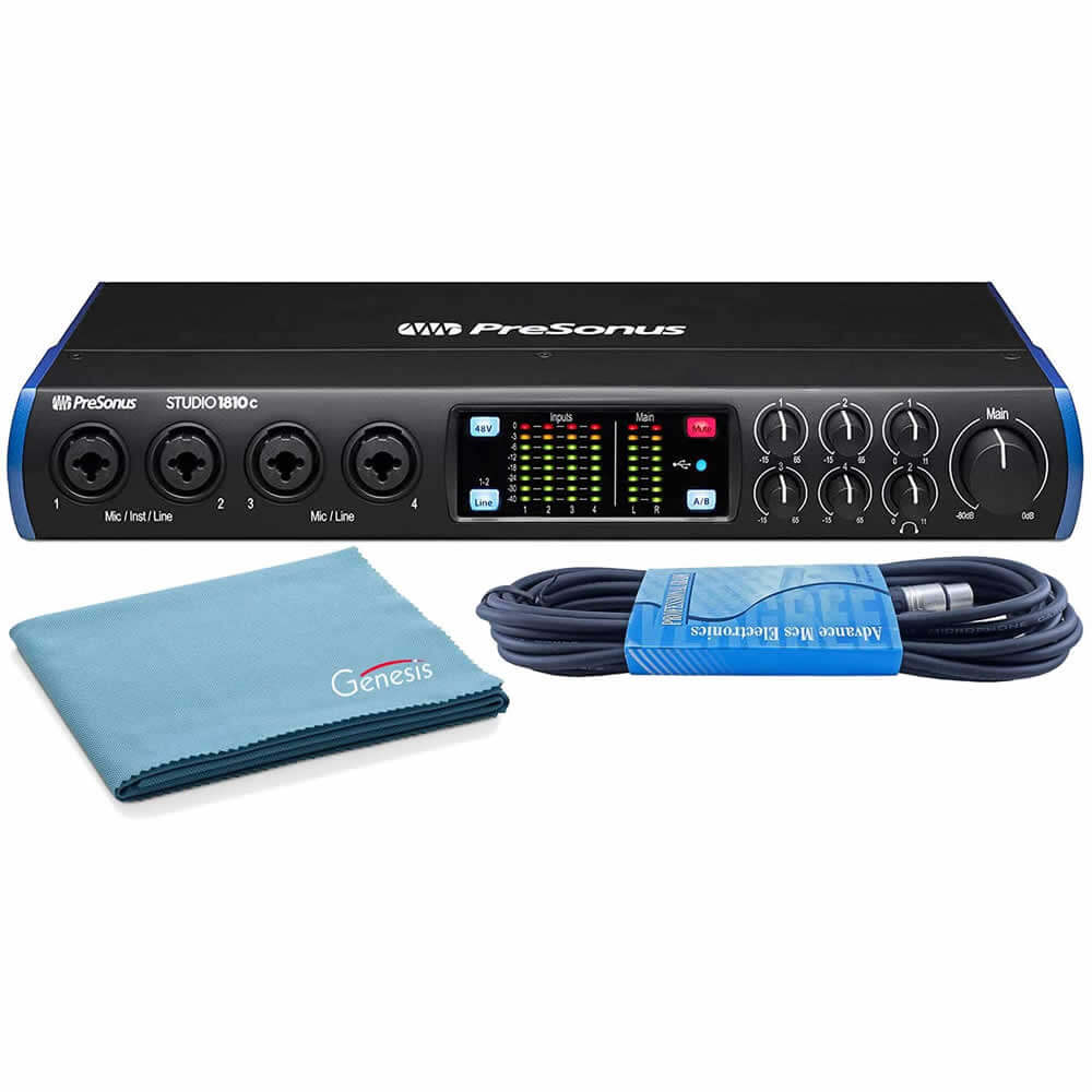 PreSonus Studio 1810c 18x8 USB Type-C Audio/MIDI Interface Bundle with 1 x 15ft XLR Cable and Genesis Tech Polishing Cloth
