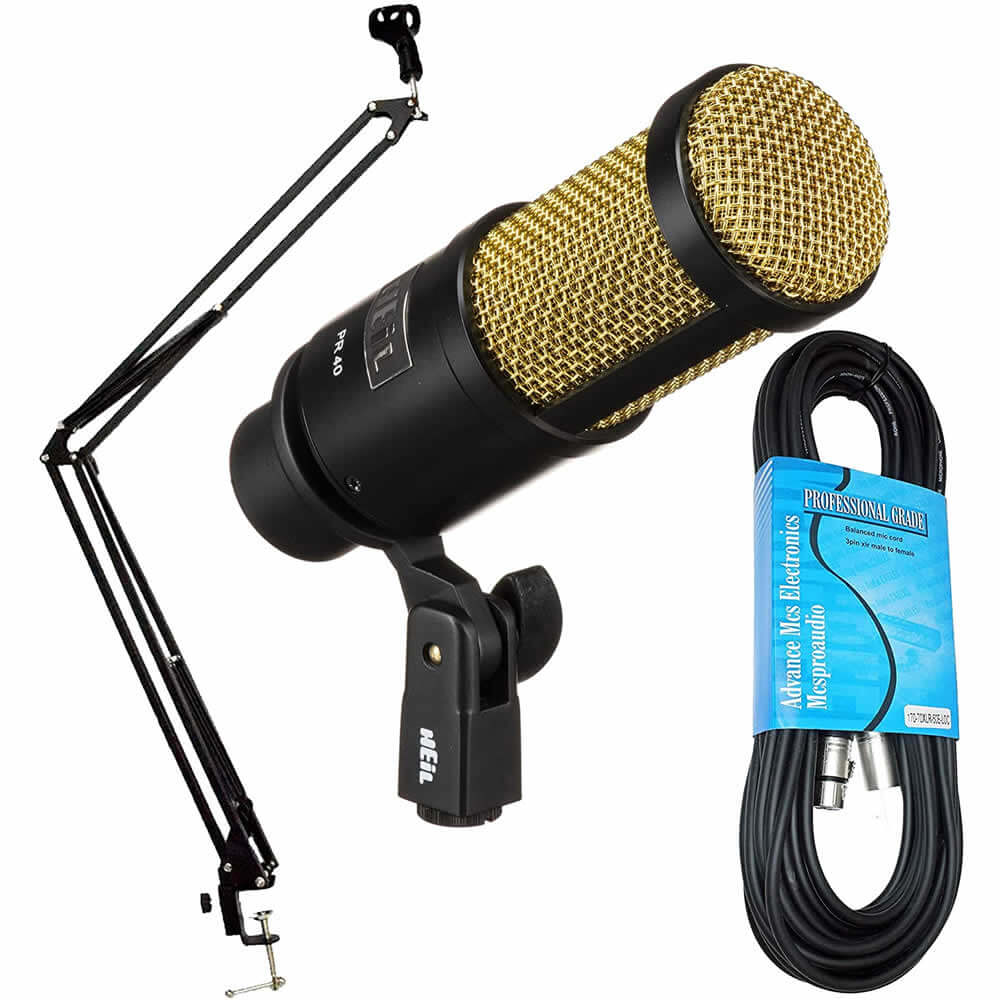 Heil Sound PR40 Dynamic Cardioid Studio Microphone Black Body Gold Grill Bundle with Adjustable Boom Arm & XLR Cable