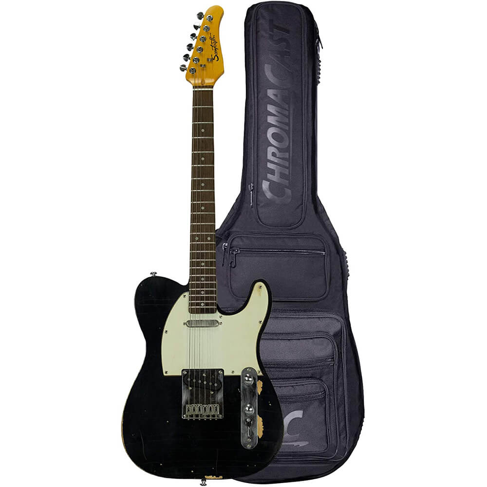 Sawtooth ET Relic Electric Guitar Black with Aged White Pickguard and Pro Series Gig Bag ST-ETAR-BKW
