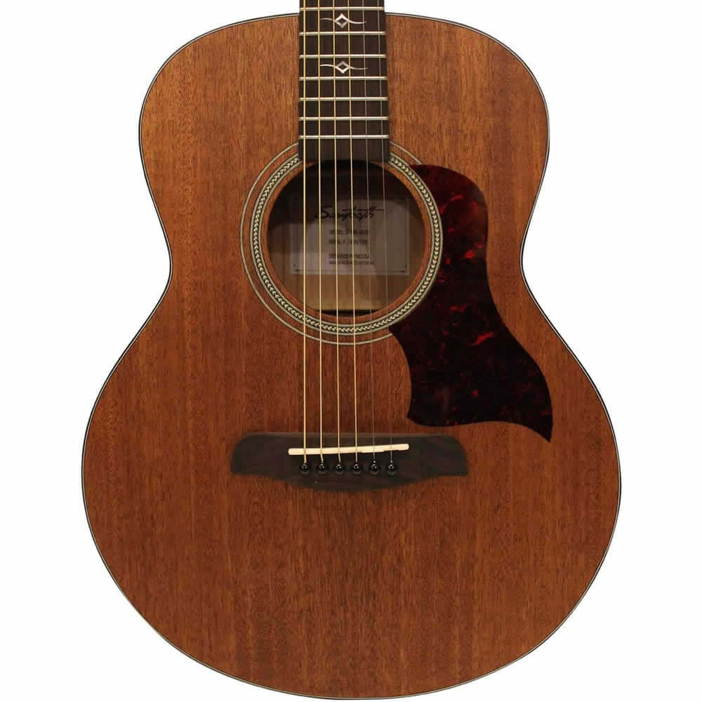Sawtooth Solid Mahogany Top Acoustic-Electric Mini Jumbo Guitar ST-MH-AEJJR Bundle with Gigbag, Stand, Tuner, Strap, Guitar Picks, StringWinder and Polishing Cloth