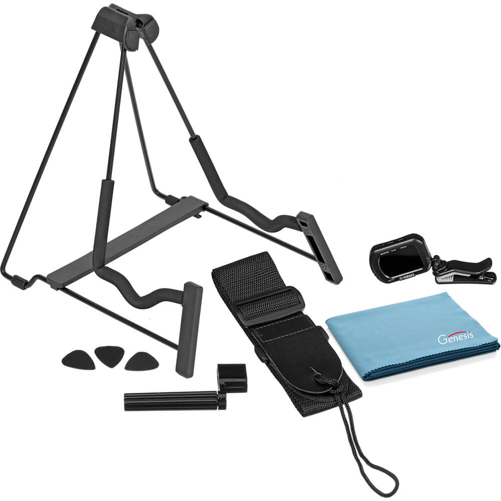 Guitar Accessory Pack with 1 x Guitar Stand, Additional Guitar Picks, 1 x Guitar Strap, 1 x String Winder, 1 x Guitar Tuner, and 1 x Genesis Tech Polishing Cloth