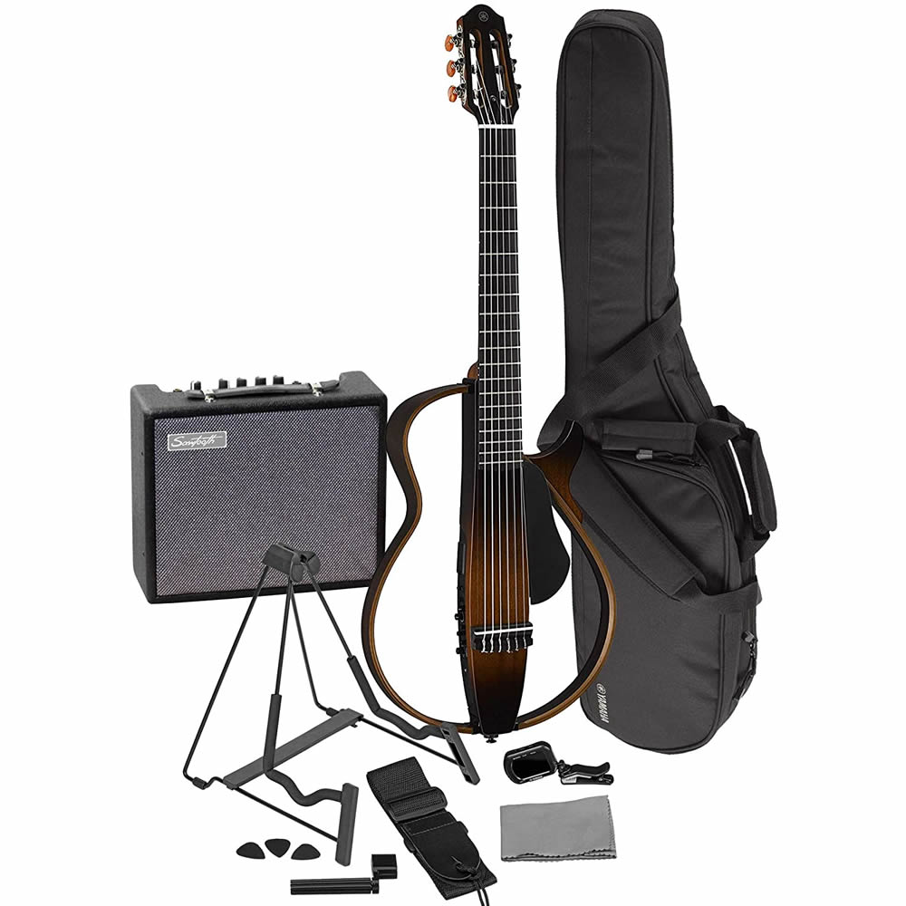 Yamaha SLG200N TBS Nylon String Silent Acoustic Electric Guitar Tobacco  Sunburst with the Sawtooth 10W Electric Guitar Amplifier, Gig Bag, Stand,  