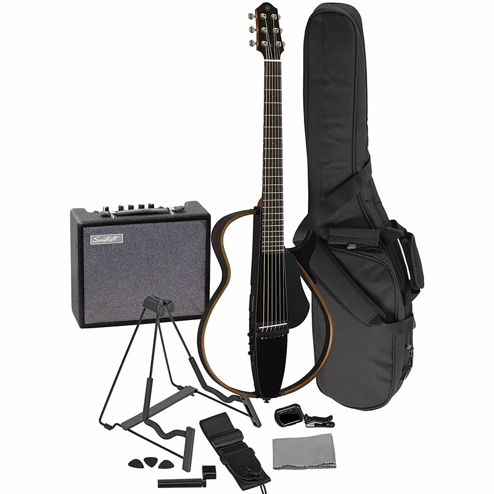 Yamaha SLG200S TBL Steel String Silent Acoustic Electric Guitar Translucent  Black with the Sawtooth 10W Electric Guitar Amplifier, Gig Bag, Stand, 