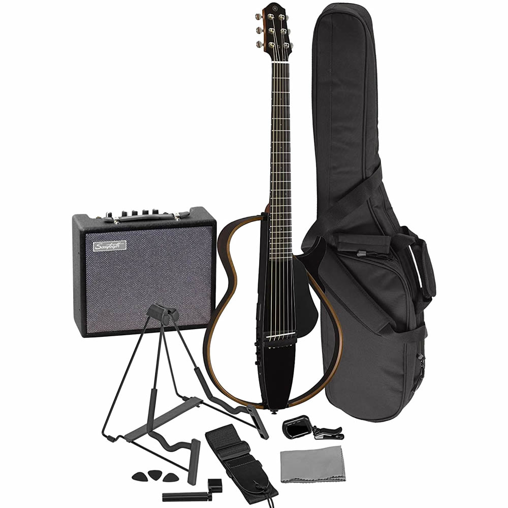 Yamaha SLG200S TBL Steel String Silent Acoustic Electric Guitar Translucent Black with the Sawtooth 10W Electric Guitar Amplifier, Gig Bag, Stand, Tuner, Strap, Guitar Picks, String Winder and Polishing Cloth