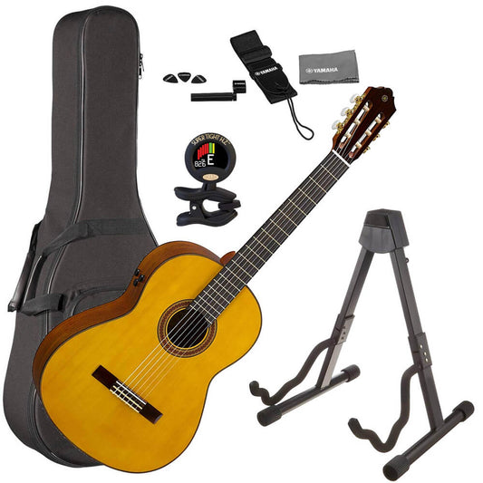 Yamaha CG-TA TransAcoustic Nylon String Acoustic-Electric Classical Guitar Natural Bundle with Guitar Bag, Guitar Stand, and Accessories