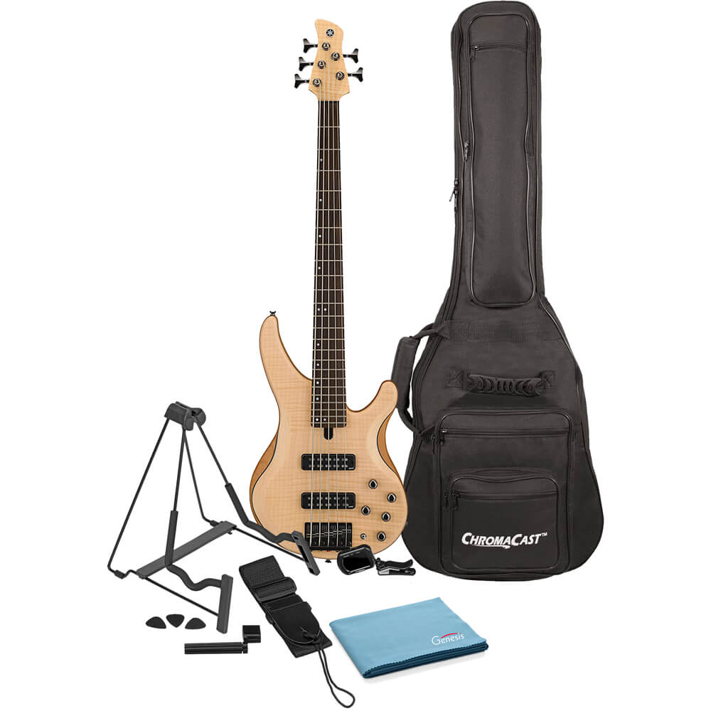 Yamaha TRBX605FM NS 5-String Electric Bass Natural Satin Bundle with Gigbag, Stand, Tuner, Strap, Guitar Picks, String Winder and Polishing Cloth