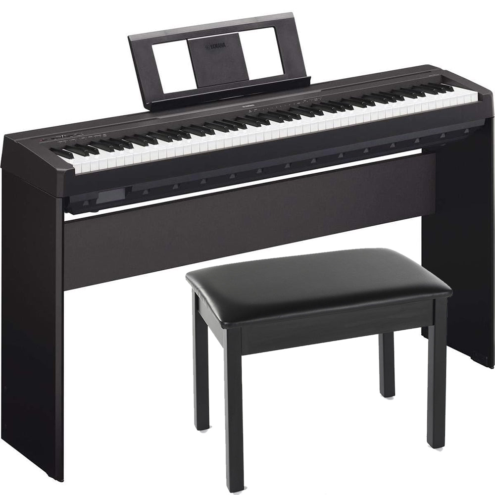 Yamaha P45 88-Key Weighted Action Digital Piano Black with Matching Wooden Stand and Padded Wooden Piano Bench