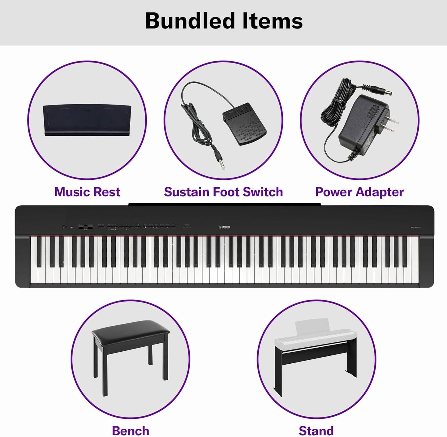 P225BLB Bundle with P225B Digital Piano, L200 Piano Stand, and BB1 Piano Bench - Black
