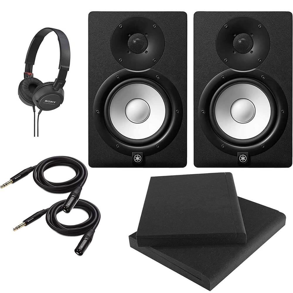 Yamaha HS7 7-Inch Powered Studio Monitor Speaker Black (Pair) with Professional Compact Closed Back Headphones, High Density Studio Monitor Isolation Pads (Pair) and 2 x 20-Foot XLR Cables