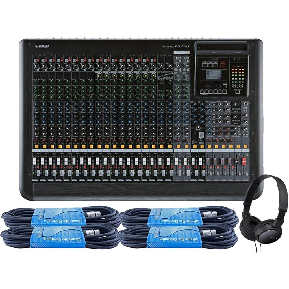 Yamaha MGP24X 24-Channel Premium Mixing Console Bundle with 4 x 15ft XLR Cables and On-Ear Stereo Headphones