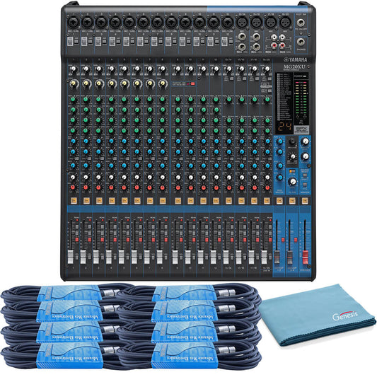 Yamaha MG20XU 20-Channel Stereo Mixer With Effects Bundle with 8 x 15ft XLR Cables and Genesis Tech Polishing Cloth