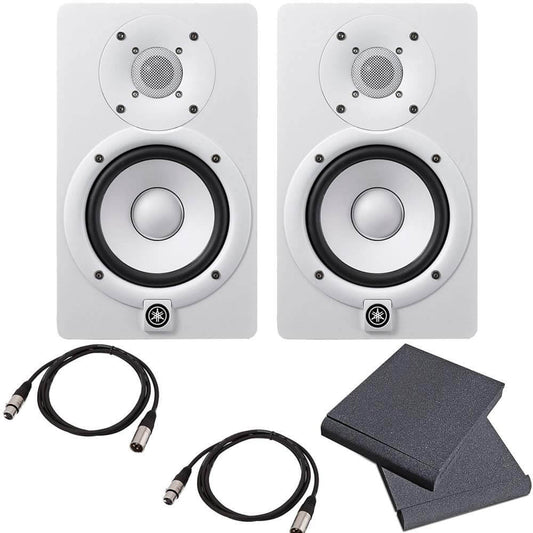 Yamaha HS5 W 5-Inch Powered Studio Monitor Speaker White (Pair) with High Density Studio Monitor Isolation Pads (Pair) and 2 x 20-Foot XLR Cables