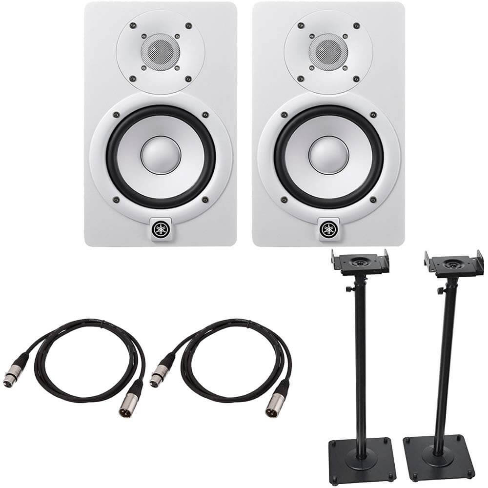 Yamaha HS5 Powered Studio Monitor Pair White Bundled with a Pair of Height Adjustable Speaker Stands and 2 x 15-Ft XLR Cables