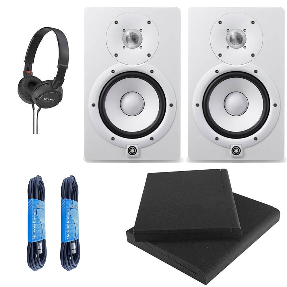 Yamaha HS7 W 7-Inch Powered Studio Monitor Speaker White (Pair) with Professional Compact Closed Back Headphones, High Density Studio Monitor Isolation Pads (Pair) and 2 x 20-Foot XLR Cables