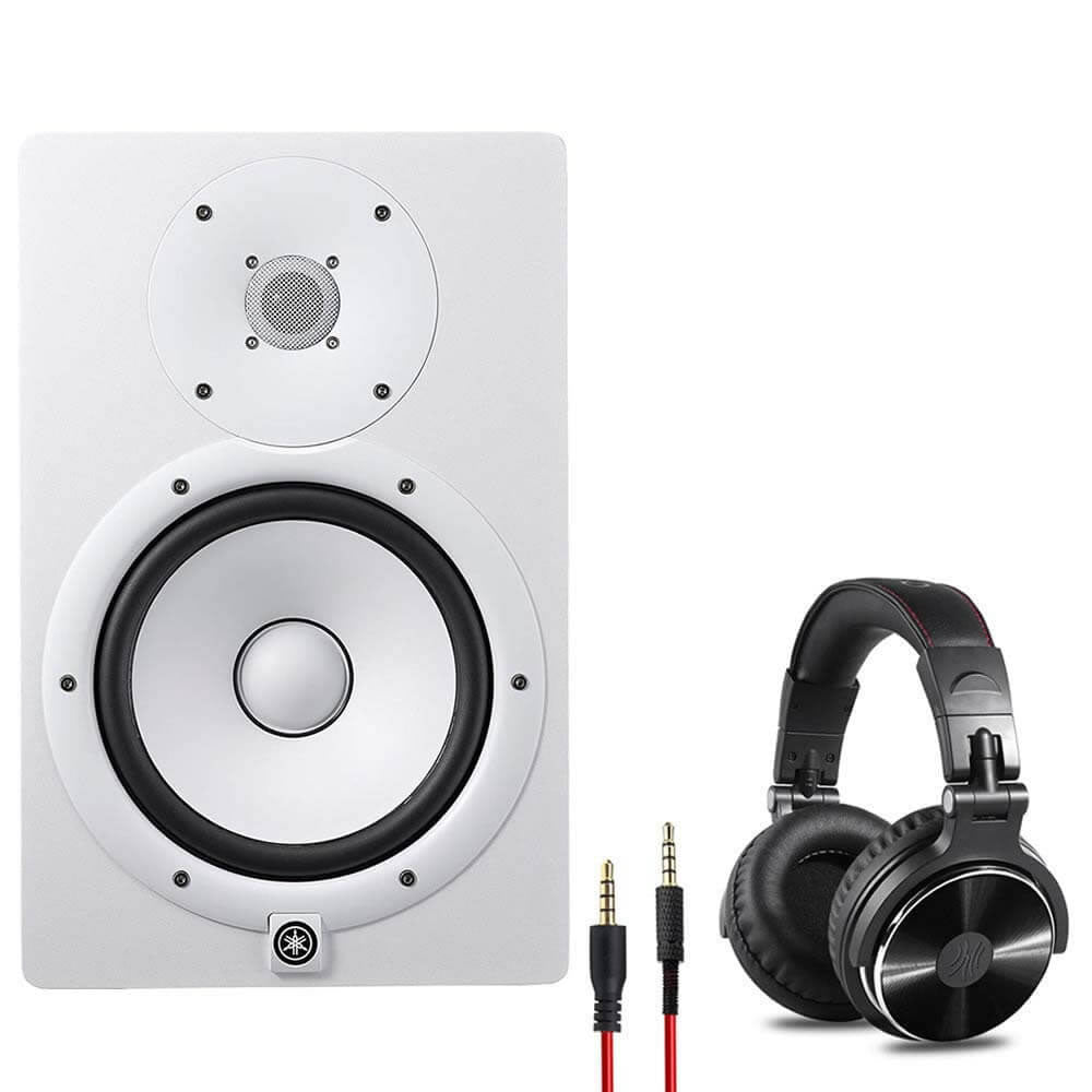 Yamaha HS8W Powered Studio Monitor White Bundle with Studio Monitor & Mixing DJ Stereo Headphones