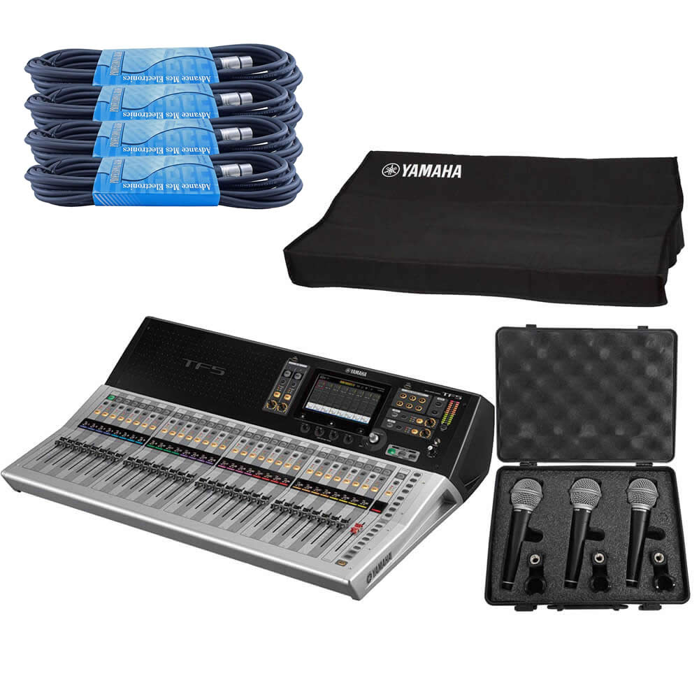 Yamaha TF5 32-Channel Digital Mixer Bundle with Yamaha TF5-COVER, 4 x 20-FT XLR Cables and 1 x Dynamic Microphones 3-Pack