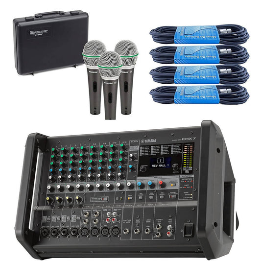 Yamaha EMX7 12-Input Stereo Powered Mixer Bundled with Dynamic Handheld Mic (3-Pack) and 4 x 20-Foot XLR Cables