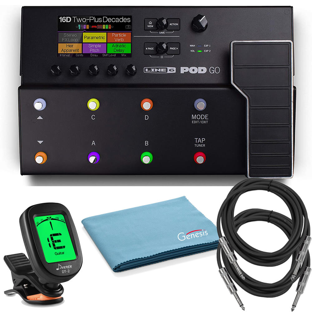 Line 6 Pod Go Guitar Multi-effects Floor Processor with 2 x  10-FT Guitar Cables, Clip on Electric Tuner, and Polishing Cloth