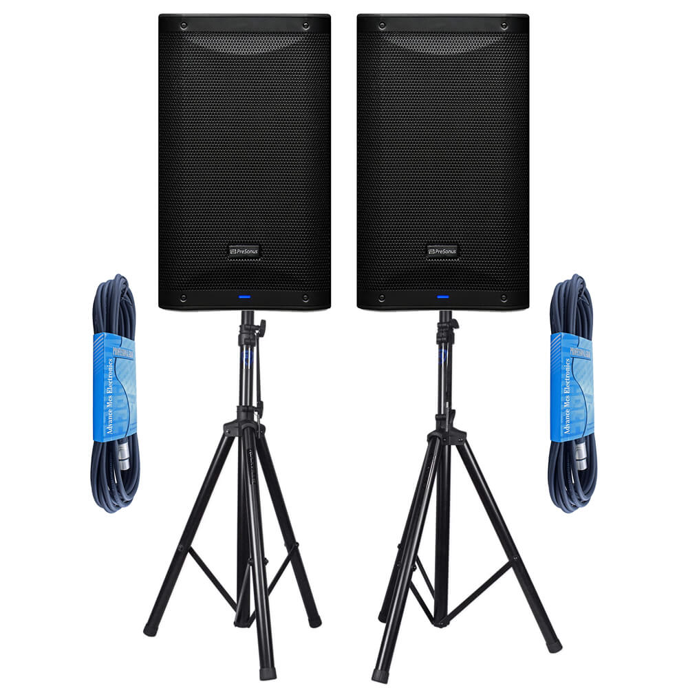 PreSonus AIR10 2-Way 10-Inch 1200W Active Sound-Reinforcement Loudspeaker Pair Bundled with Heavy Duty Adjustable Speaker Stands and 2 x 15ft XLR Cables