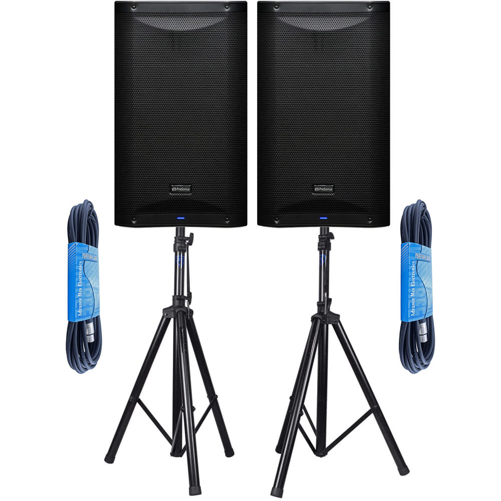 PreSonus AIR12 2-Way Active Sound-Reinforcement Loudspeaker Pair Bundled with Heavy Duty Adjustable Speaker Stands and 2 x 15ft XLR Cables