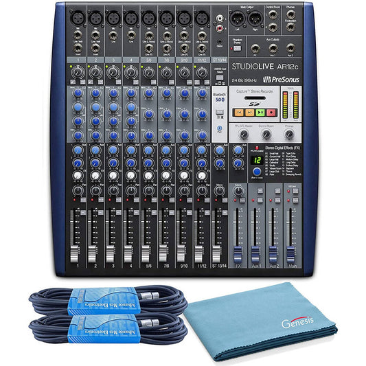 Presonus Studiolive AR12c 14-Channel Hybrid Digital-Analog Performance and Recording Mixer Bundle with 2 x 15ft XLR Cables and Genesis Tech Polishing Cloth