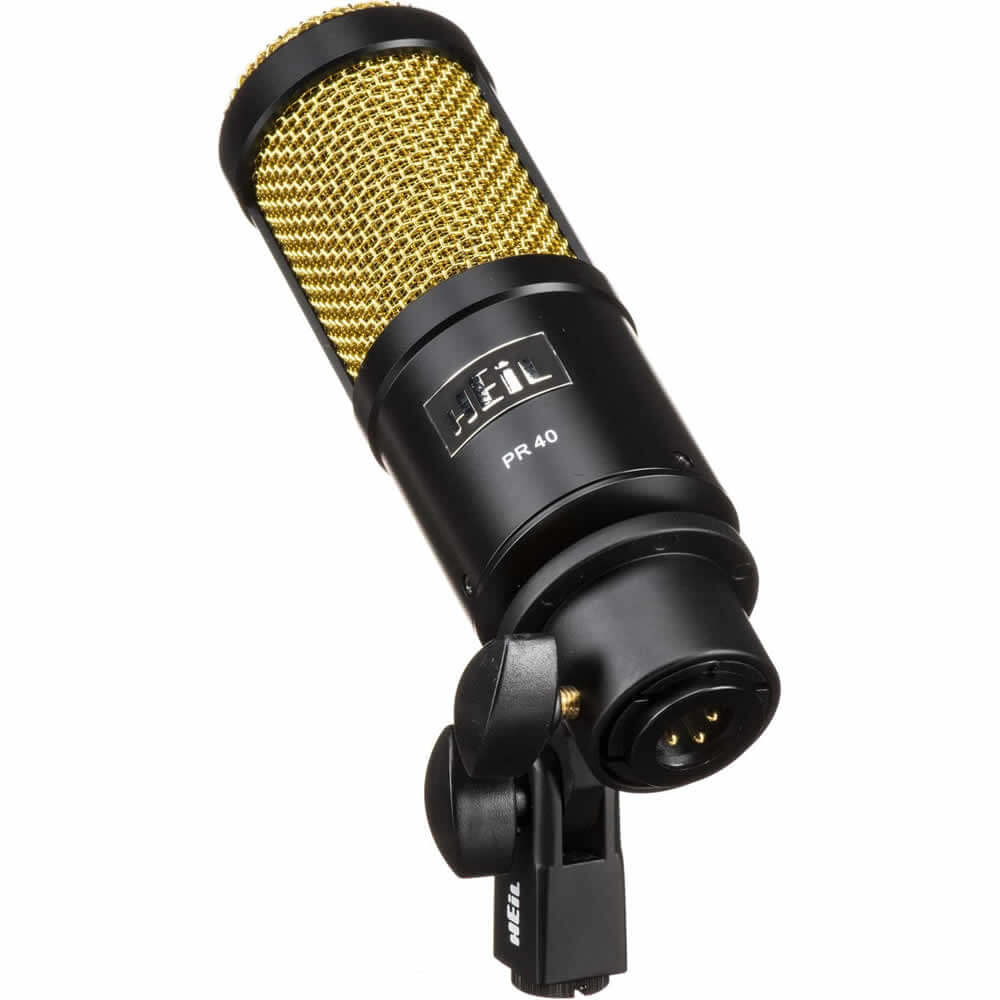 Heil Sound PR40 Dynamic Cardioid Studio Microphone Black Body Gold Grill Bundle with Adjustable Boom Arm & XLR Cable