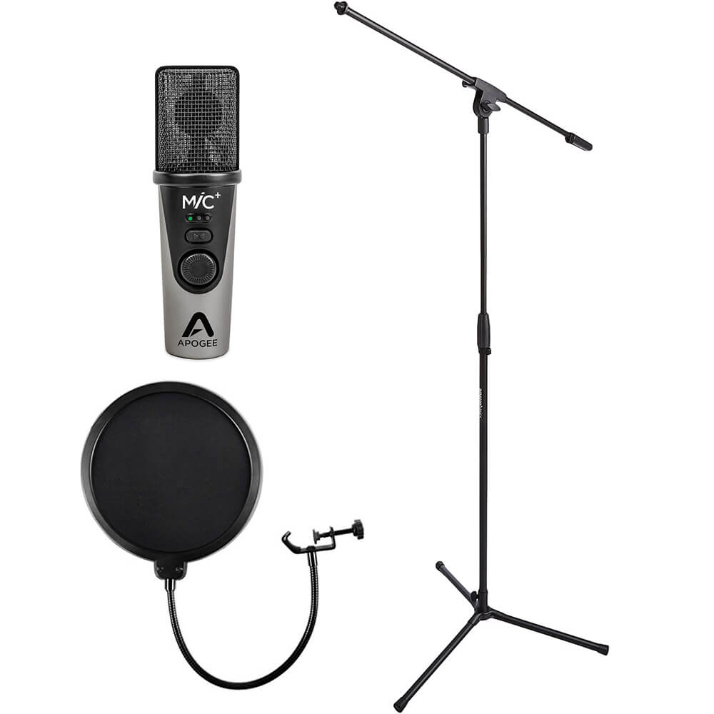 Apogee MiC Plus Studio Quality USB Mobile Recording Mic for IOS, Mac and PC Bundled with Pop Filter and Microphone Boom Stand