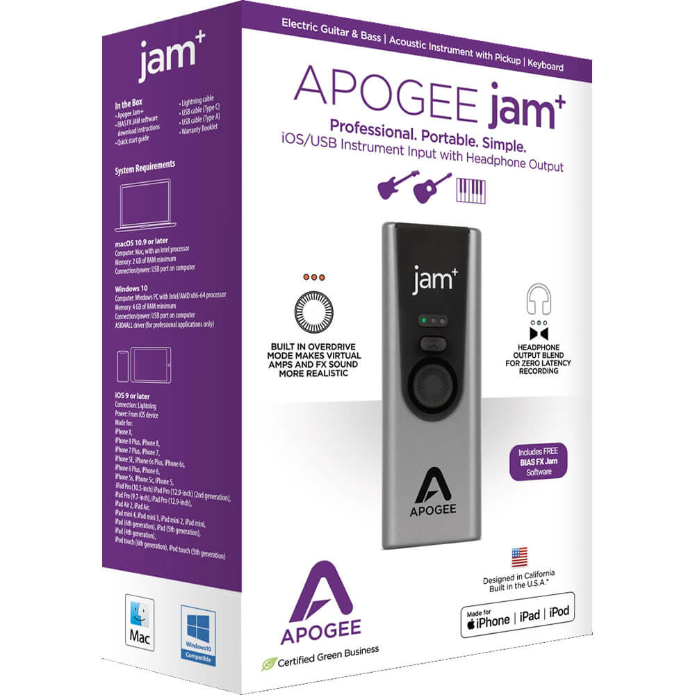 Apogee Jam Plus USB Instrument Input With Headphone Output For iOS 