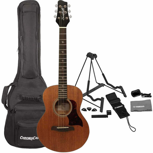 Sawtooth Solid Mahogany Top Acoustic-Electric Mini Jumbo Guitar ST-MH-AEJJR  Bundle with Gigbag, Stand, Tuner, Strap, Guitar Picks, StringWinder and Polishing Cloth