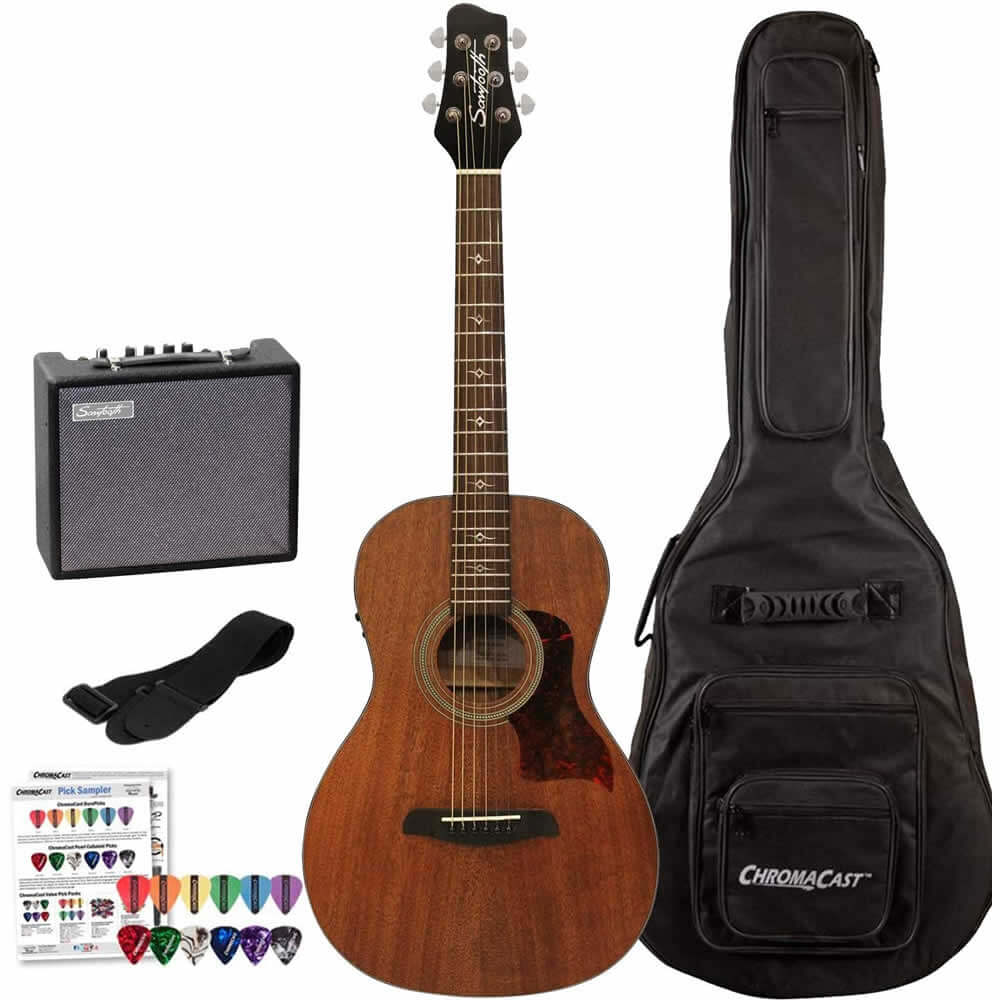Sawtooth Solid Mahogany Top Acoustic-Electric Parlor Guitar with Gig Bag and Pick Sampler ST-MH-AEP Bundle with Gig Bag, Pick Sampler and Sawtooth 10W Amp