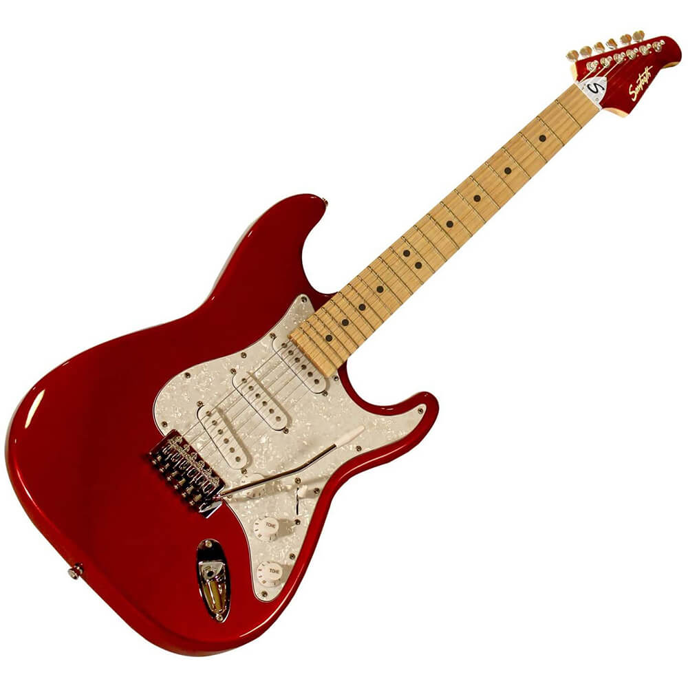 Sawtooth Strat Style Electric Guitar Candy Apple Red with Pearl White Pickguard ST-ES-CARP