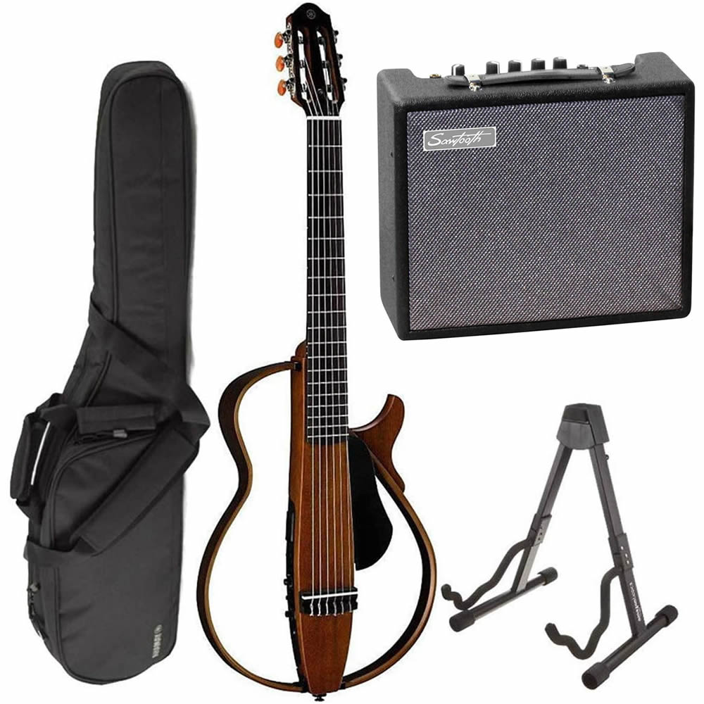 Yamaha SLG200N NT Nylon String Silent Acoustic Electric Guitar Natural with the Sawtooth 10W Electric Guitar Amplifier, Gig Bag, Stand, Tuner, Strap, Guitar Picks, String Winder and Polishing Cloth